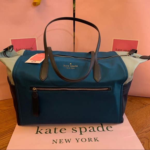 ♠️ kate spade ♠️ Chelsea Tricolor Colorblock Nylon Weekender Duffle Bag, Blue - Picture 3 of 10